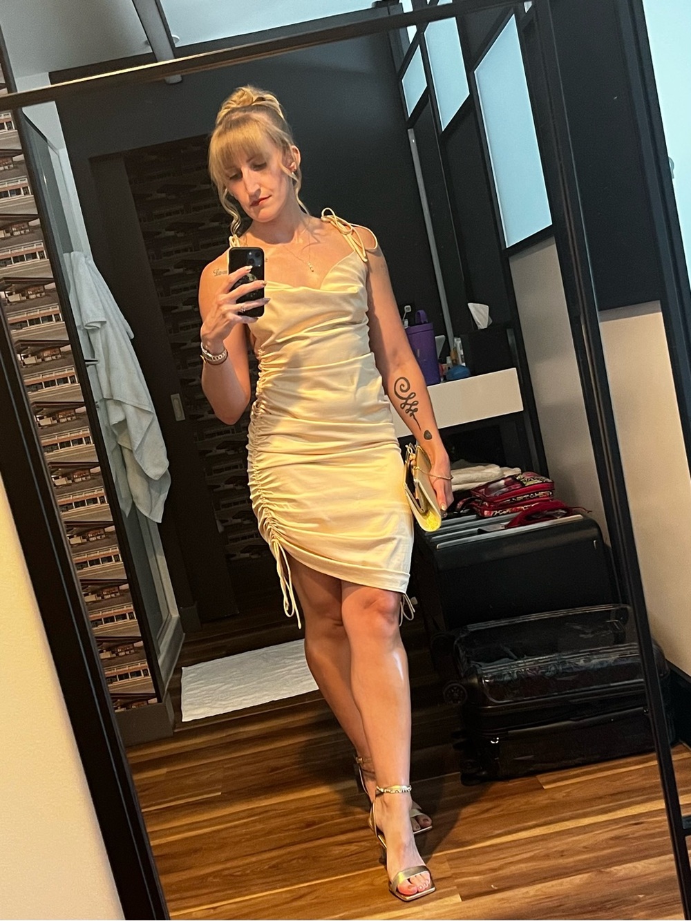 Leau Satin Cowl Mini Dress in Light Gold with Adjustable Straps
